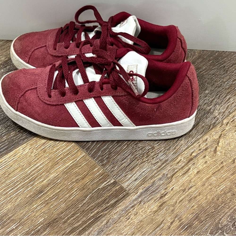 Adidas Kids Burgundy Sneakers with White Stripes